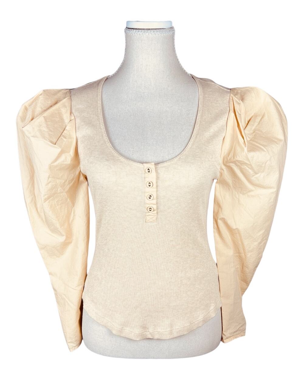 Ulla Johnson Joanne Oatmeal Ribbed Cotton Poplin Puff Sleeve Henley Top P XS